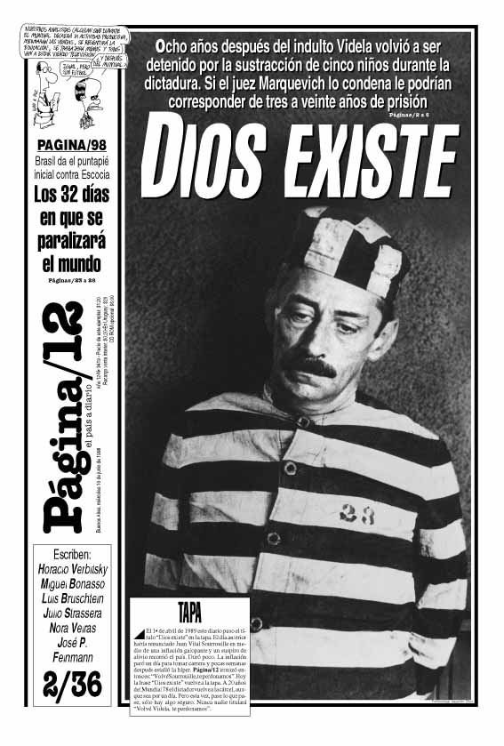 Tapa de Página 12 el día de la detención de J. R. Videla por robo de bebés durante la dictadura.